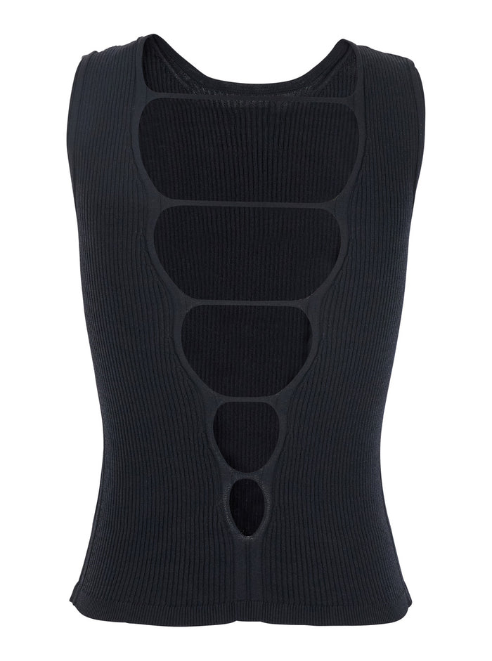 Black Top With Ribbed Design And Cut-Out Detail On The Back Viscose Blend Woman Polyamide Tops
