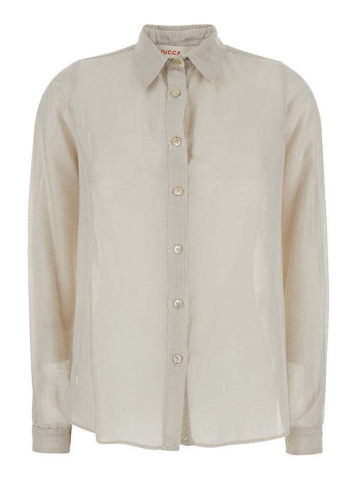 Beige Shirt With Classic Collar And Button Closure Cotton Silk Blend Woman Blouses
