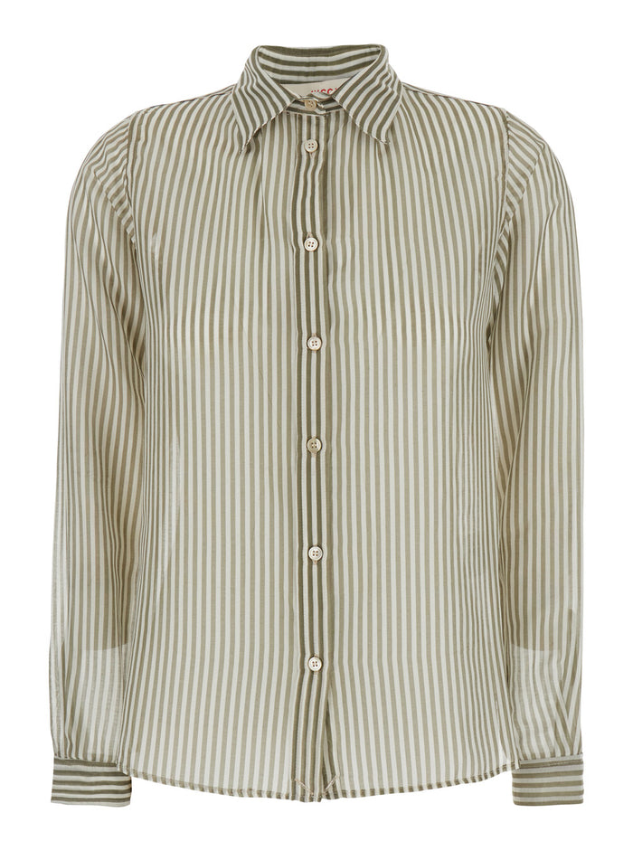 Green Shirt With Classic Collar And All-Over Striped Motif Mixed Cotton Silk Woman Blouses