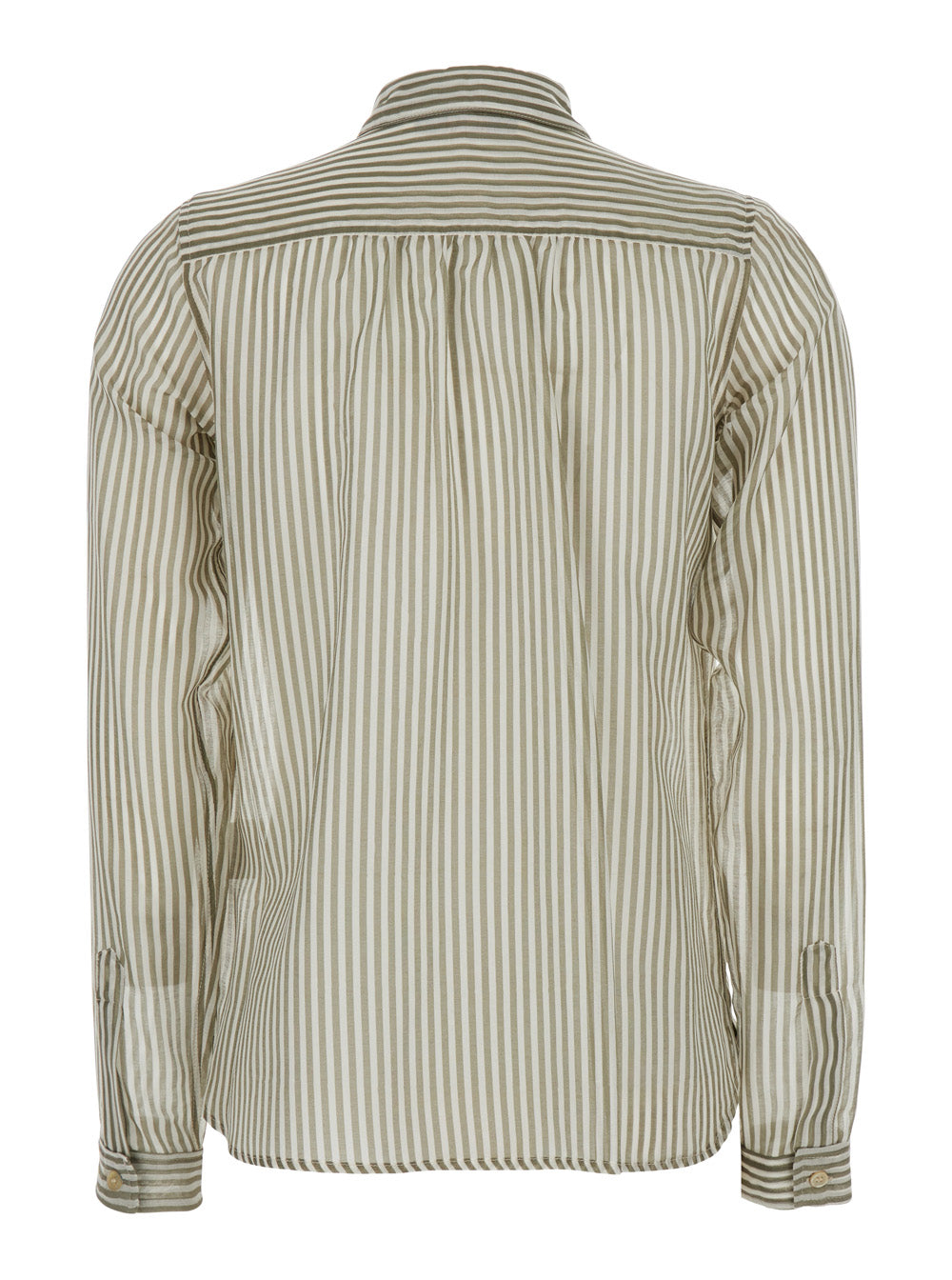 Green Shirt With Classic Collar And All-Over Striped Motif Mixed Cotton Silk Woman Blouses