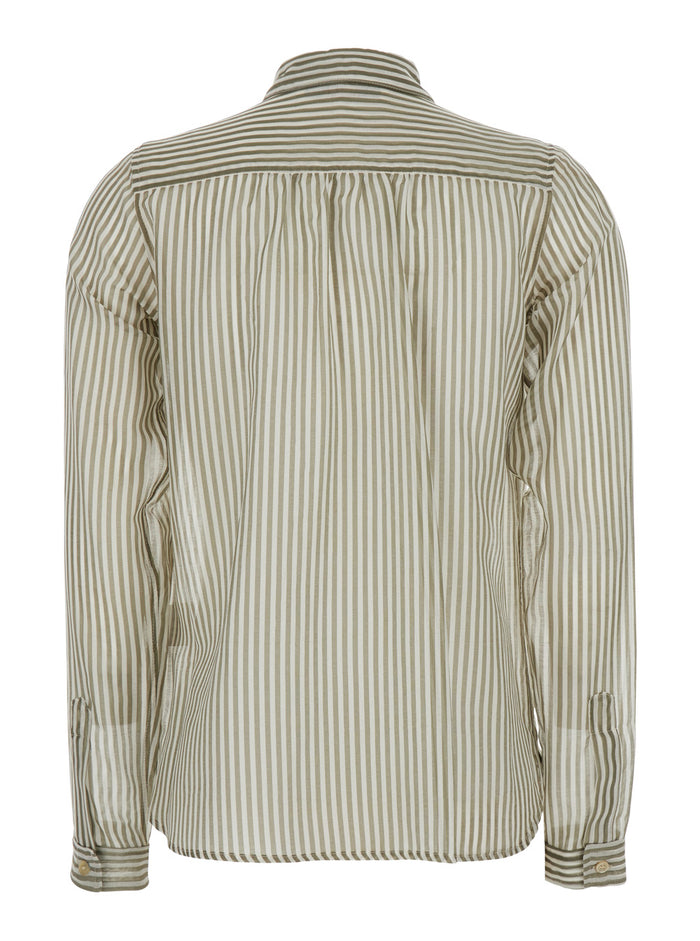Green Shirt With Classic Collar And All-Over Striped Motif Mixed Cotton Silk Woman Blouses