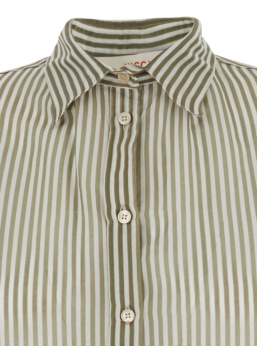 Green Shirt With Classic Collar And All-Over Striped Motif Mixed Cotton Silk Woman Blouses