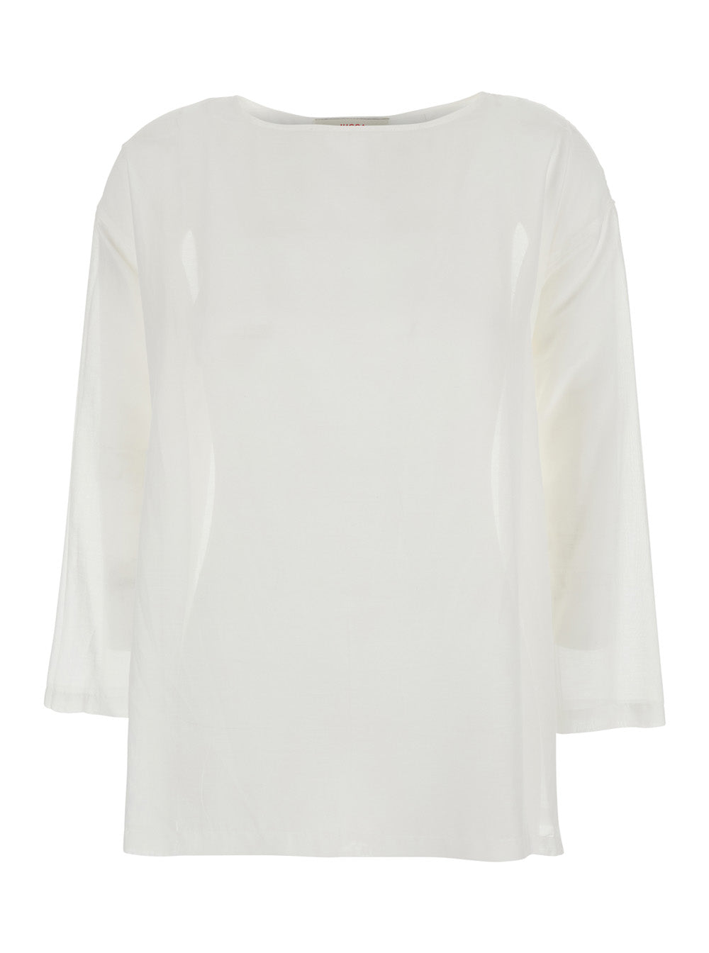 White Blouse With Round Neckline And Dropped Shoulders Cotton Silk Blend Woman Shirts Blouses