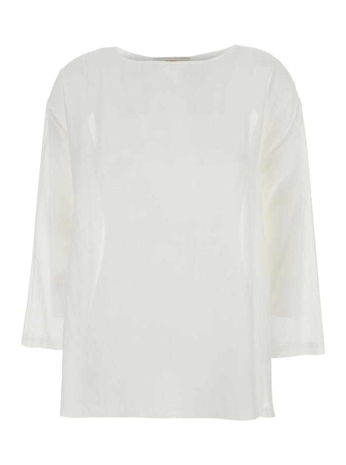 White Blouse With Round Neckline And Dropped Shoulders Cotton Silk Blend Woman Shirts Blouses