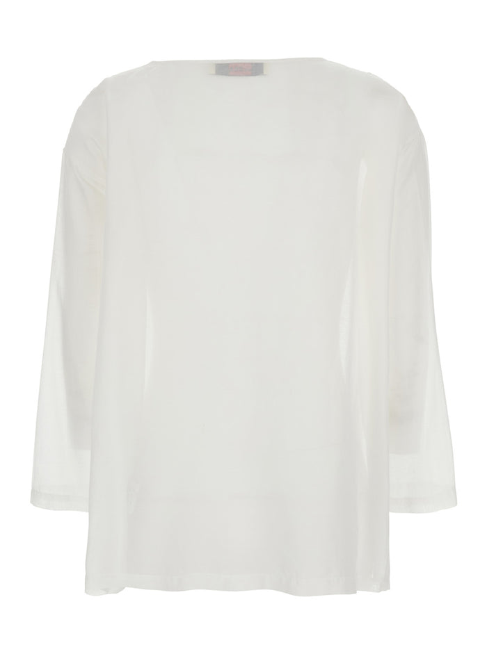 White Blouse With Round Neckline And Dropped Shoulders Cotton Silk Blend Woman Shirts Blouses