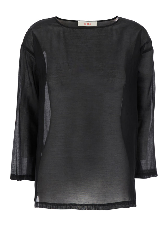 Black Blouse With Round Neckline And Dropped Shoulders Cotton Silk Blend Woman Shirts Blouses