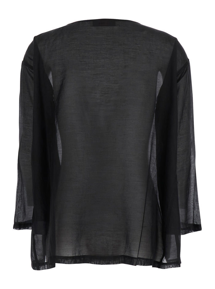 Black Blouse With Round Neckline And Dropped Shoulders Cotton Silk Blend Woman Shirts Blouses