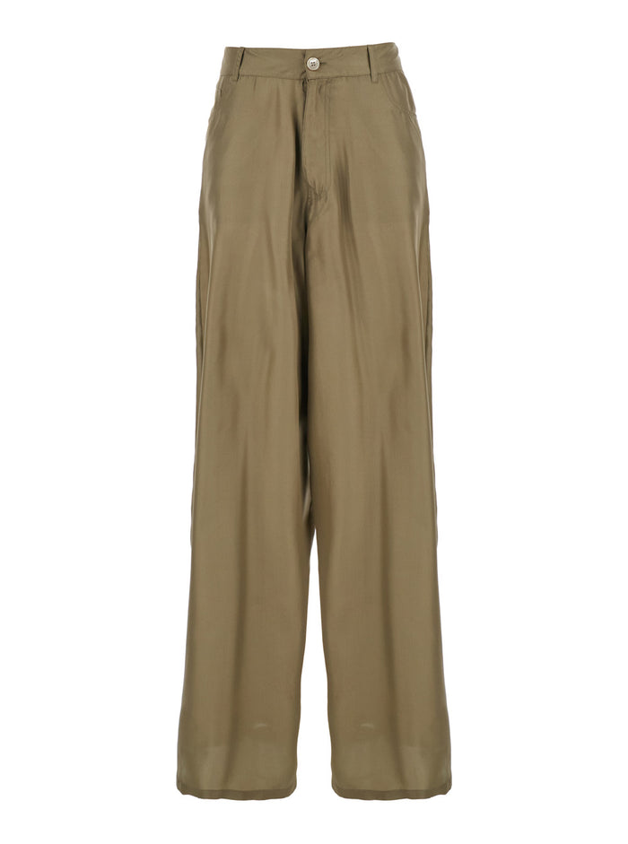 Green Silk Pants with Belt Loops and Logo Patch on the Rear in Woman Trousers