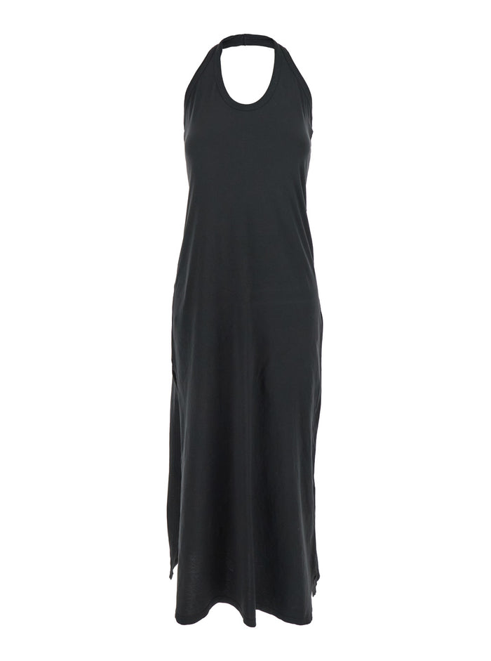 Black Sleeveless Dress With Halterneck And Straight Hem Cotton Woman Long