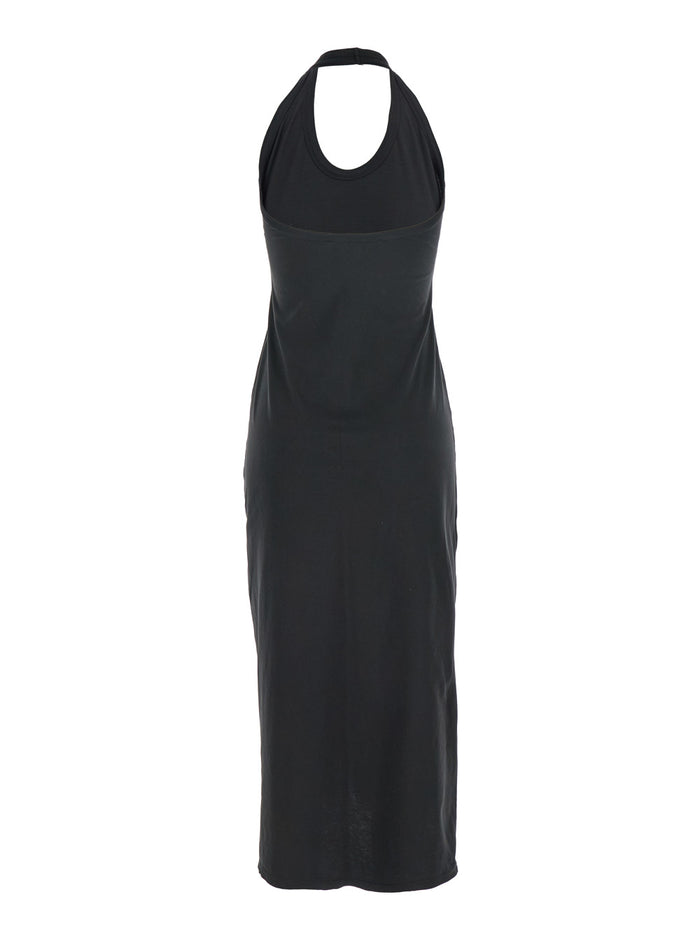 Black Sleeveless Dress With Halterneck And Straight Hem Cotton Woman Long