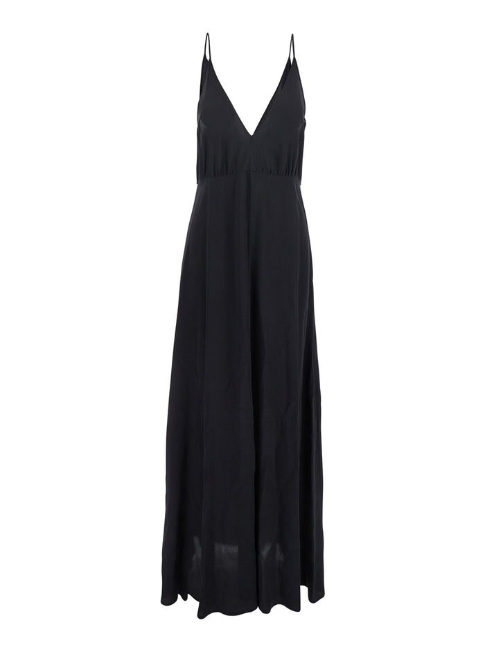 Black Long Dress With V Neckline And Thin Straps Silk Woman