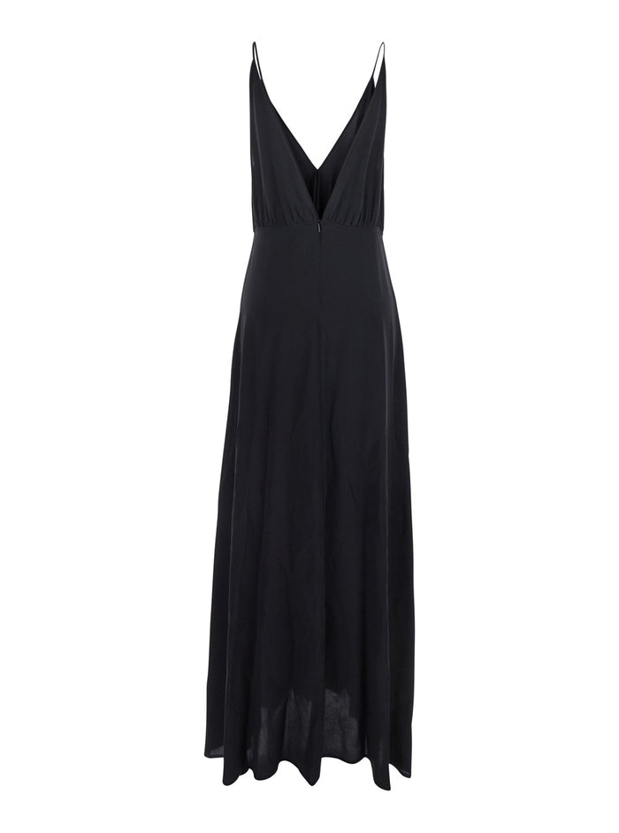 Black Long Dress With V Neckline And Thin Straps Silk Woman
