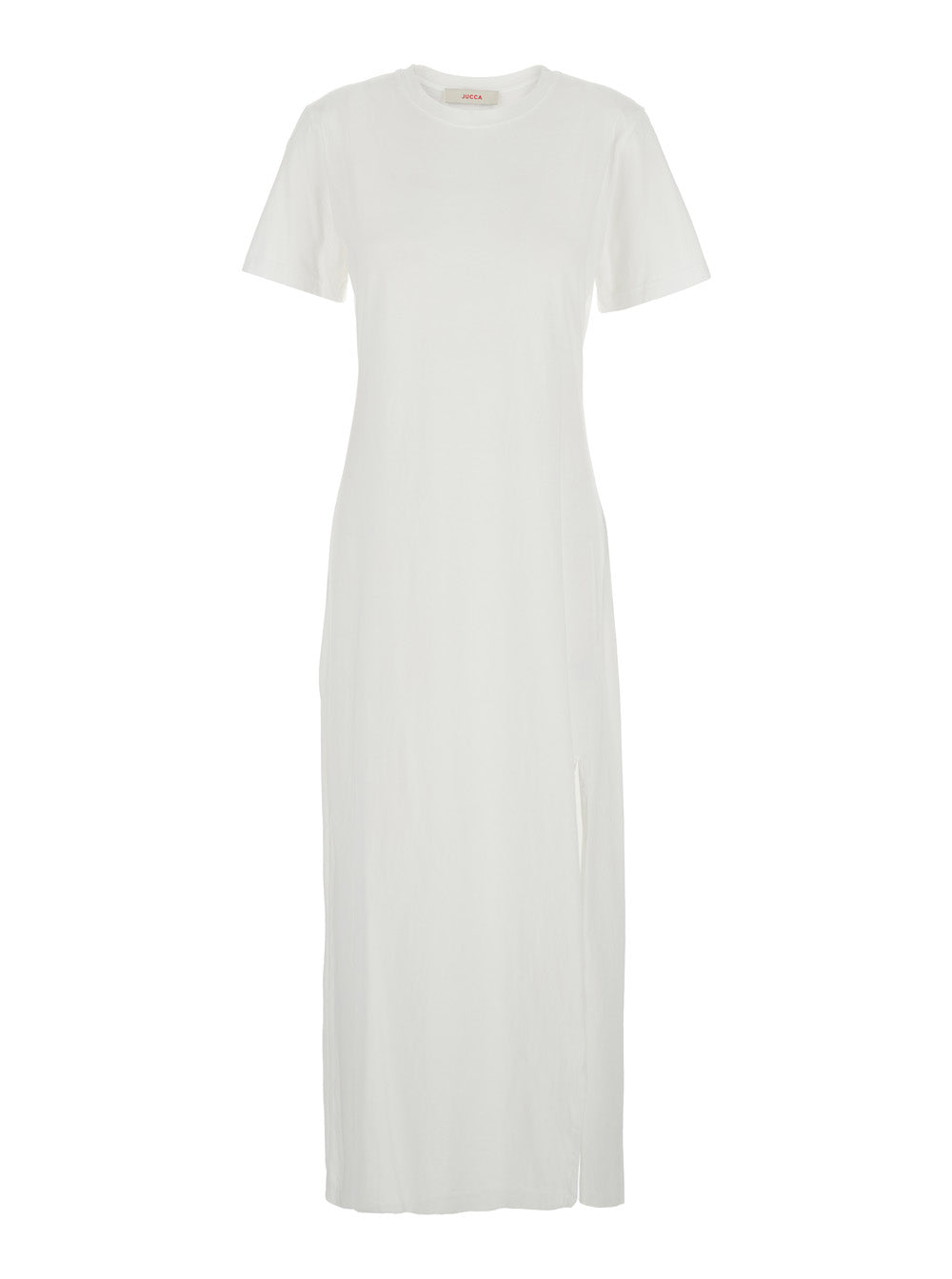 White Dress with Round Neck and Front Single Slit in Cotton Woman Long