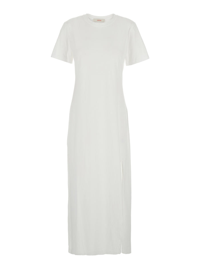 White Dress with Round Neck and Front Single Slit in Cotton Woman Long