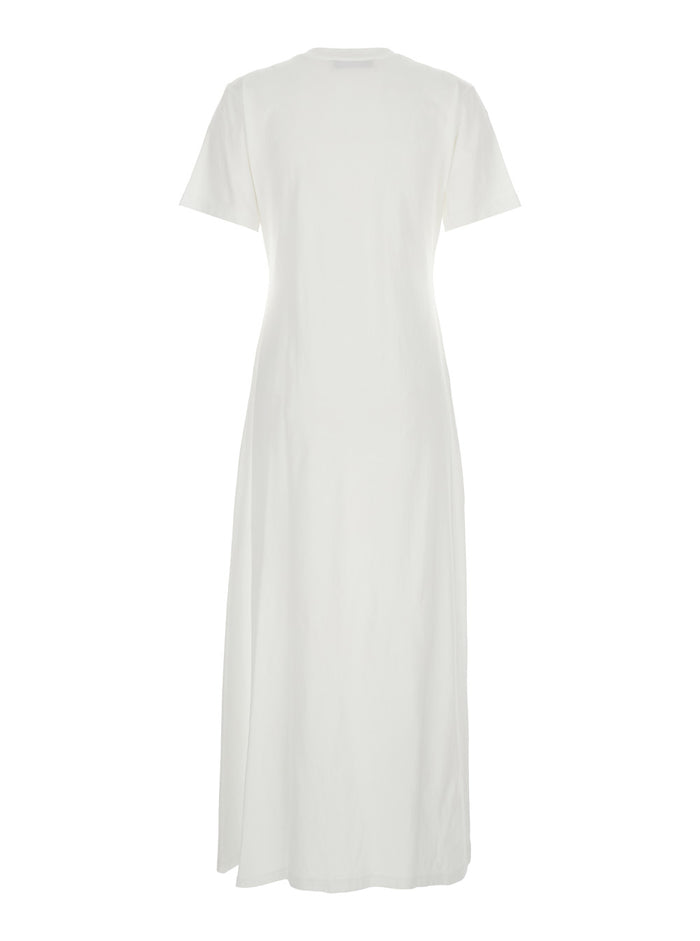 White Dress with Round Neck and Front Single Slit in Cotton Woman Long