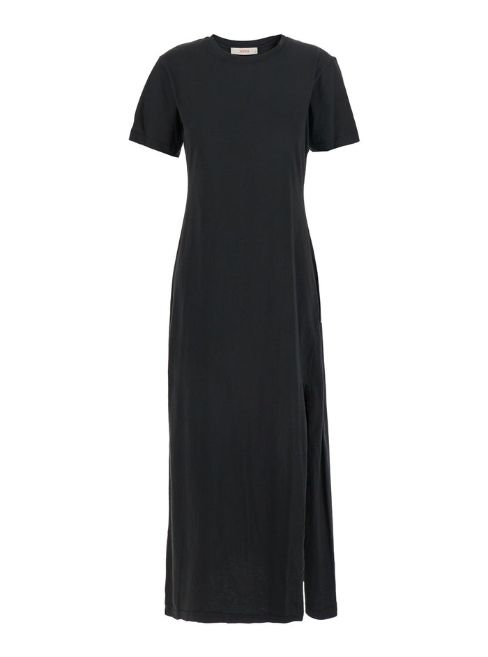 Black Dress With Round Neck And Front Single Slit Cotton Woman Long