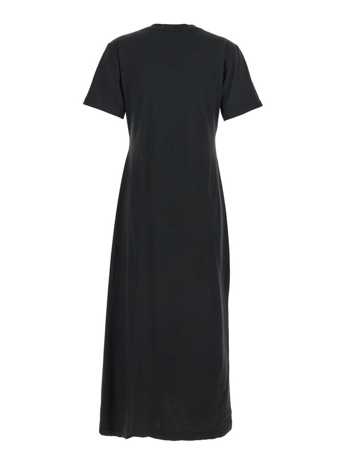 Black Dress With Round Neck And Front Single Slit Cotton Woman Long