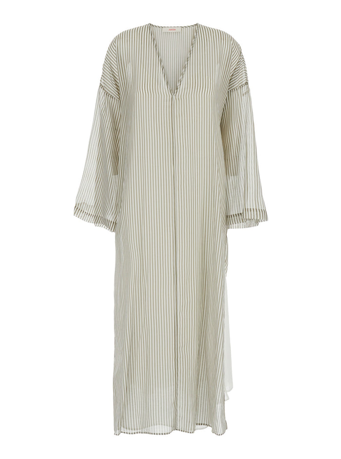 Green Caftan With V Neckline And All-Over Striped Motif Cotton Silk Blend Woman Beachwear