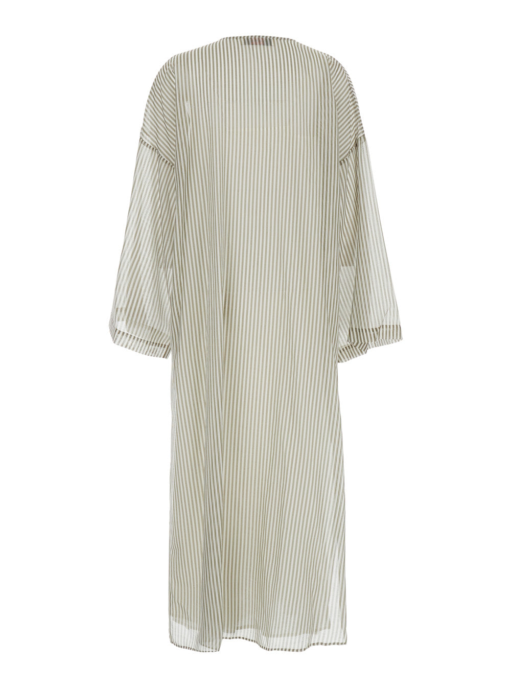Green Caftan With V Neckline And All-Over Striped Motif Cotton Silk Blend Woman Beachwear