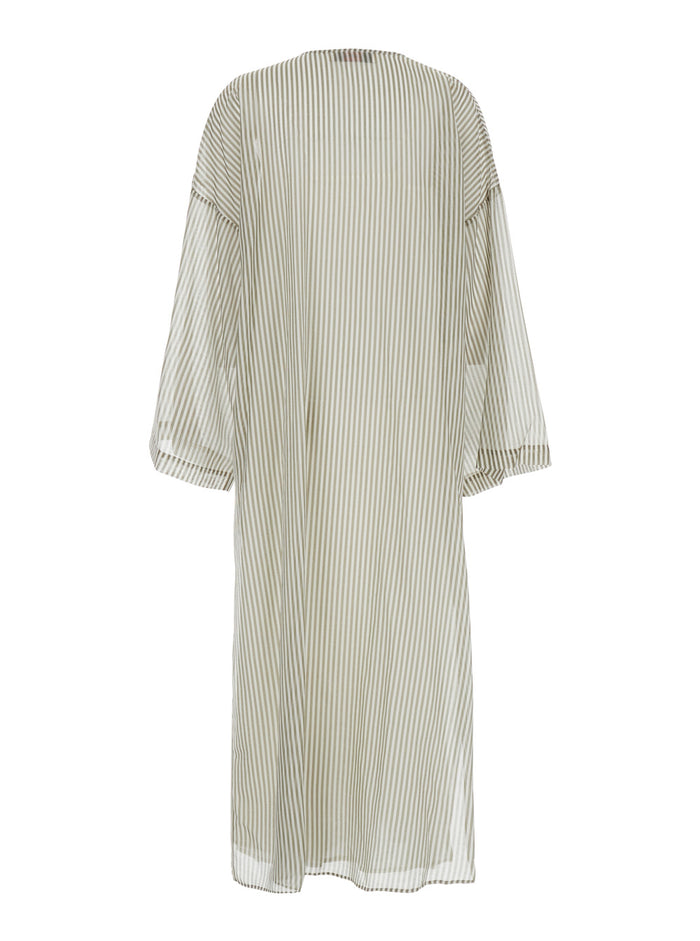 Green Caftan With V Neckline And All-Over Striped Motif Cotton Silk Blend Woman Beachwear