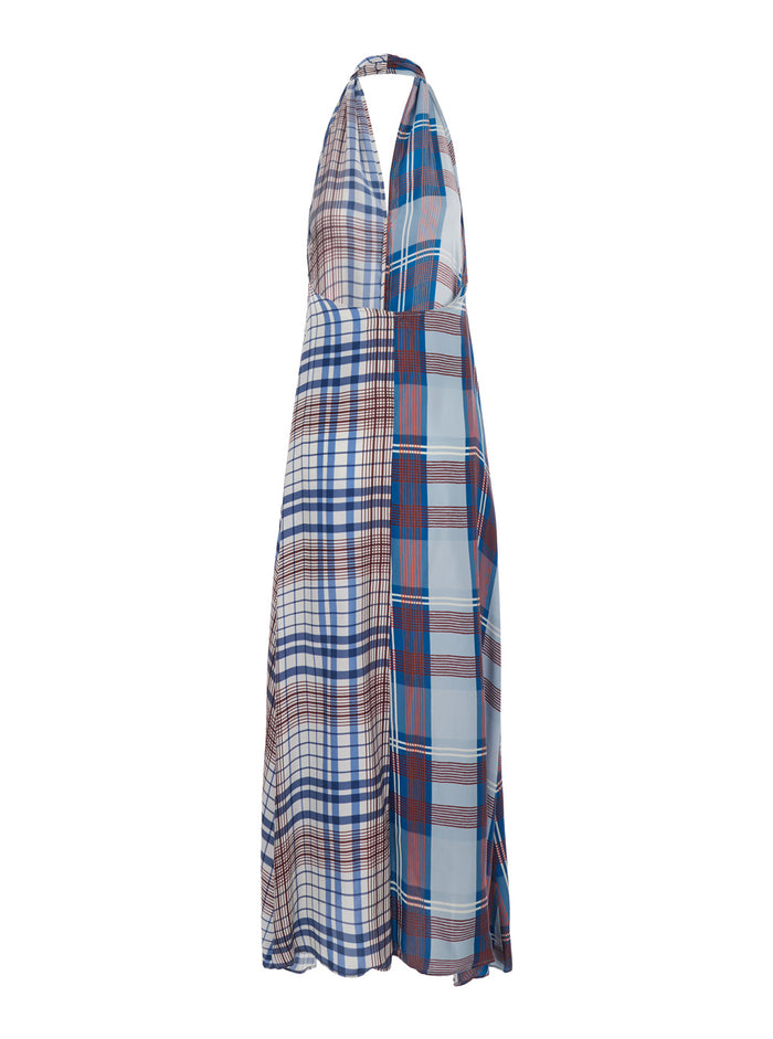 Multicolor Sleeveless Dress With Halterneck And All-Over Check Motif Viscose Woman Long