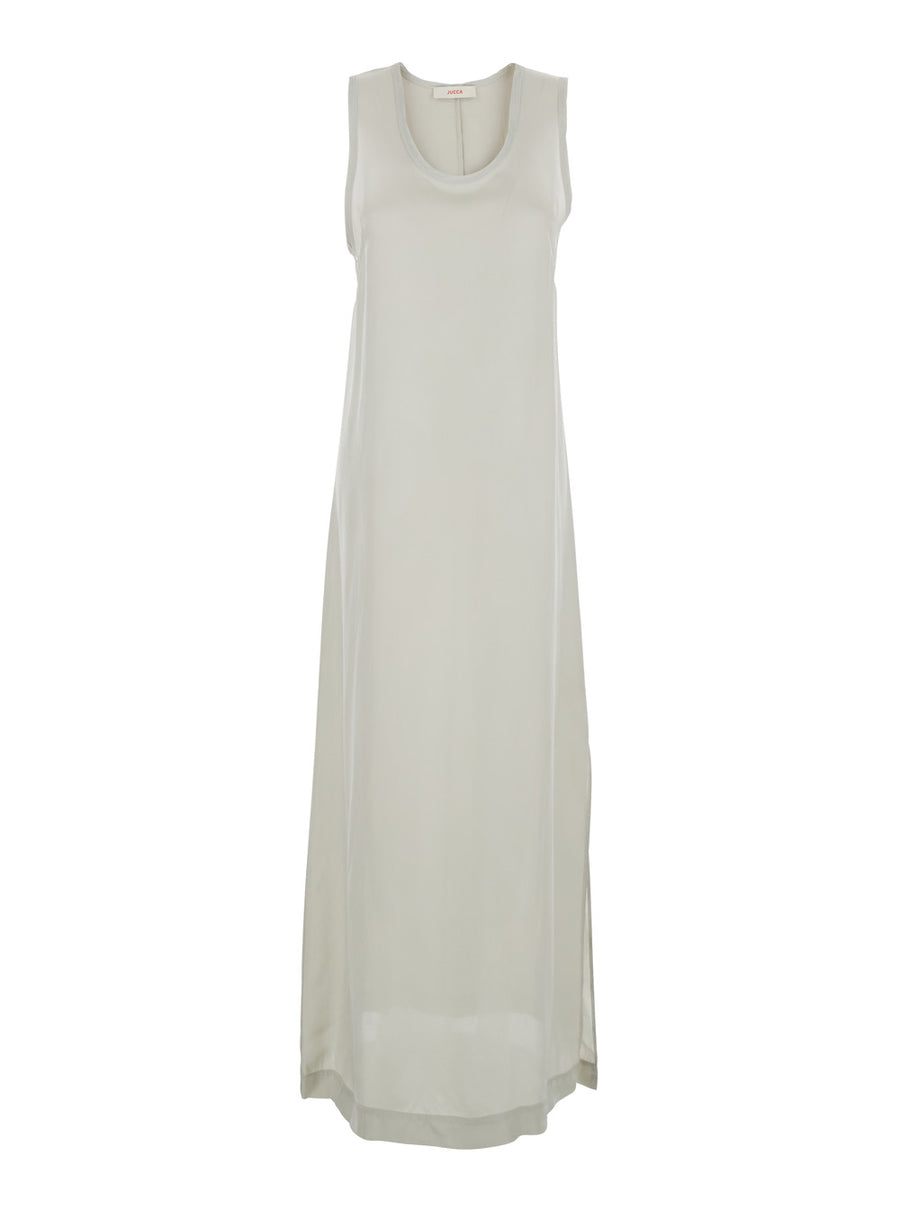 White Long Dress With U-Neck And Back Closure Viscose