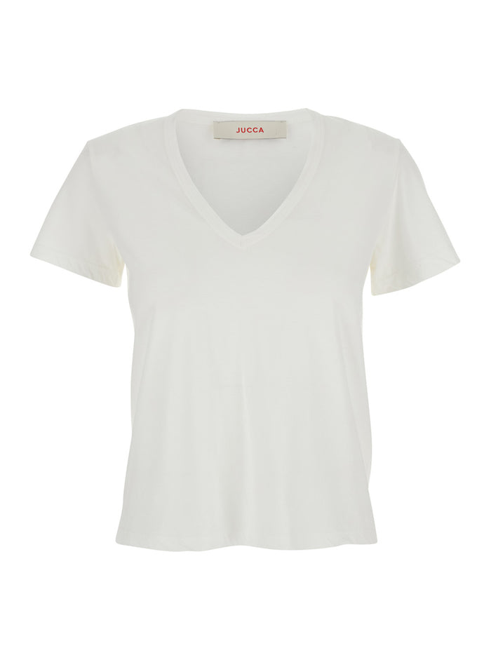 White T-Shirt With Wide V-Neck And Short Sleeves Cotton Woman Tshirts Polo Shirts