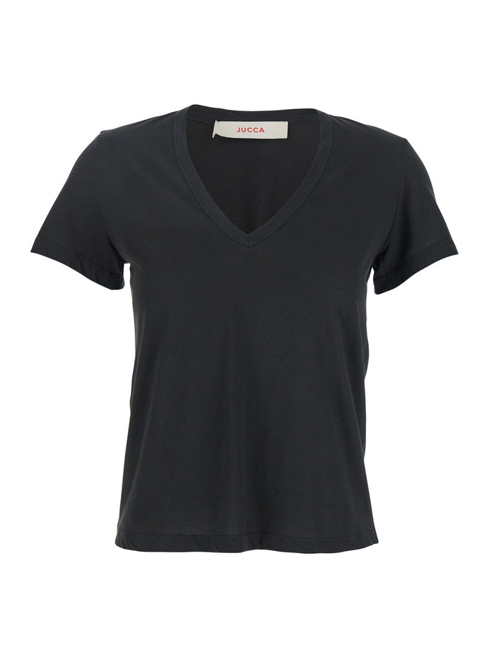 Black T-Shirt With Wide V-Neck And Short Sleeves Cotton Woman Tshirts Polo Shirts