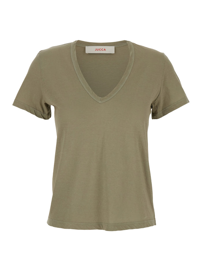 Green T-Shirt With Wide V-Neck And Short Sleeves Cotton Woman Tshirts Polo Shirts