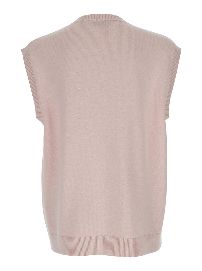 Pink Sleeveless Vest with V Neck and Contrasting Logo Embroidery on the Front in Cotton Cashmere Blend Man Jersey