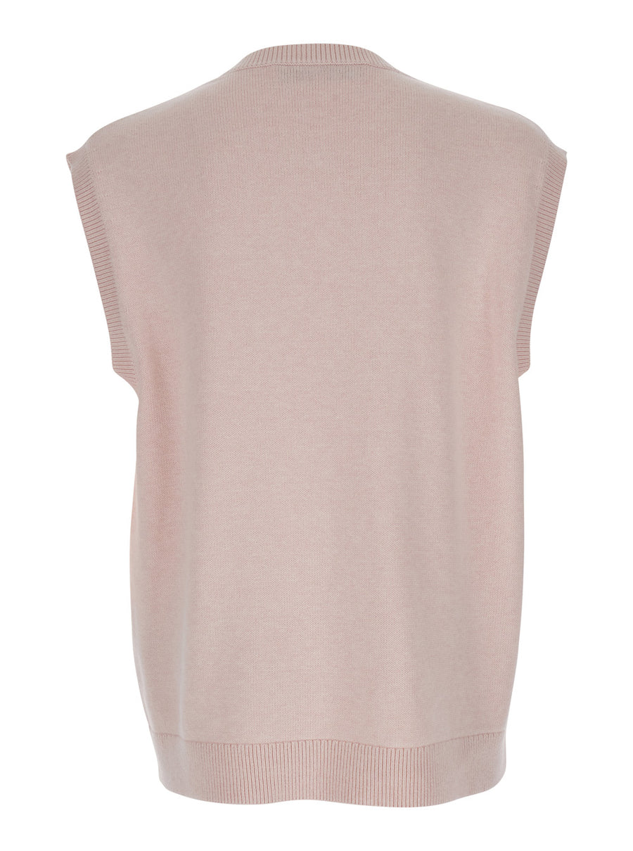 Pink Sleeveless Vest With Logo Embroidery Cotton Tops