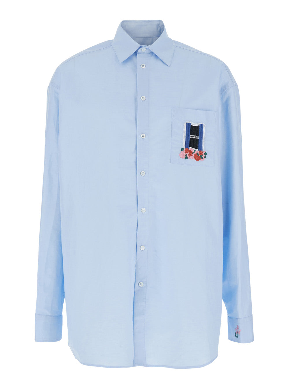 Light Blue Shirt with Classic Collar and Embroidery Detail on Front Cuff in Linen Cotton Blend Man Blouses