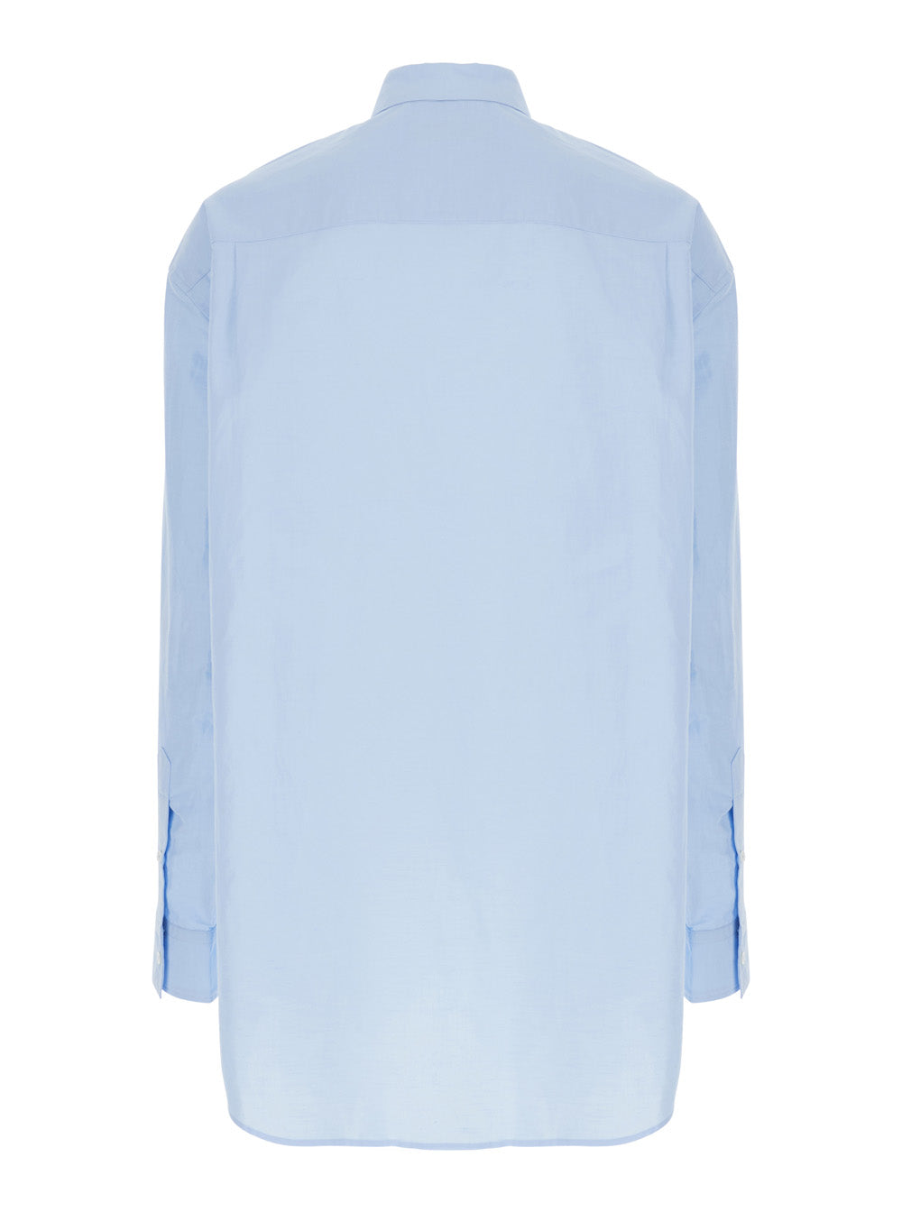 Light Blue Shirt with Classic Collar and Embroidery Detail on Front Cuff in Linen Cotton Blend Man Blouses