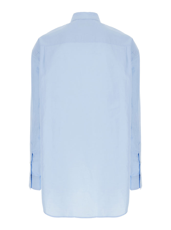 Light Blue Shirt with Classic Collar and Embroidery Detail on Front Cuff in Linen Cotton Blend Man Blouses