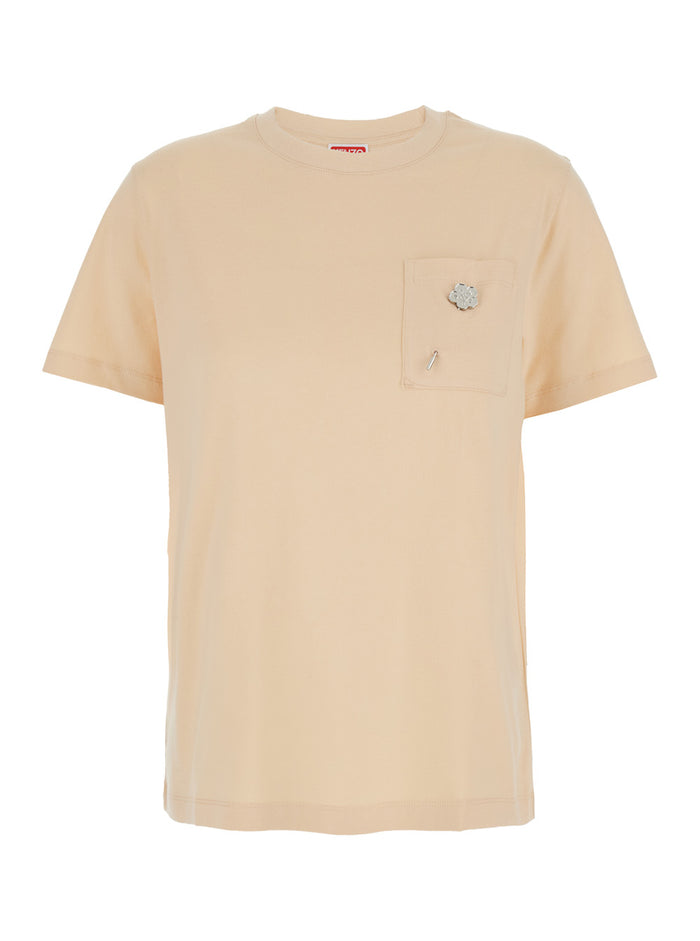 Boke Flower 2,0 Beige Crewneck T-Shirt With Logo Patch On The Front And Lettering Rear Cotton Woman Tshirts Polo Shirts