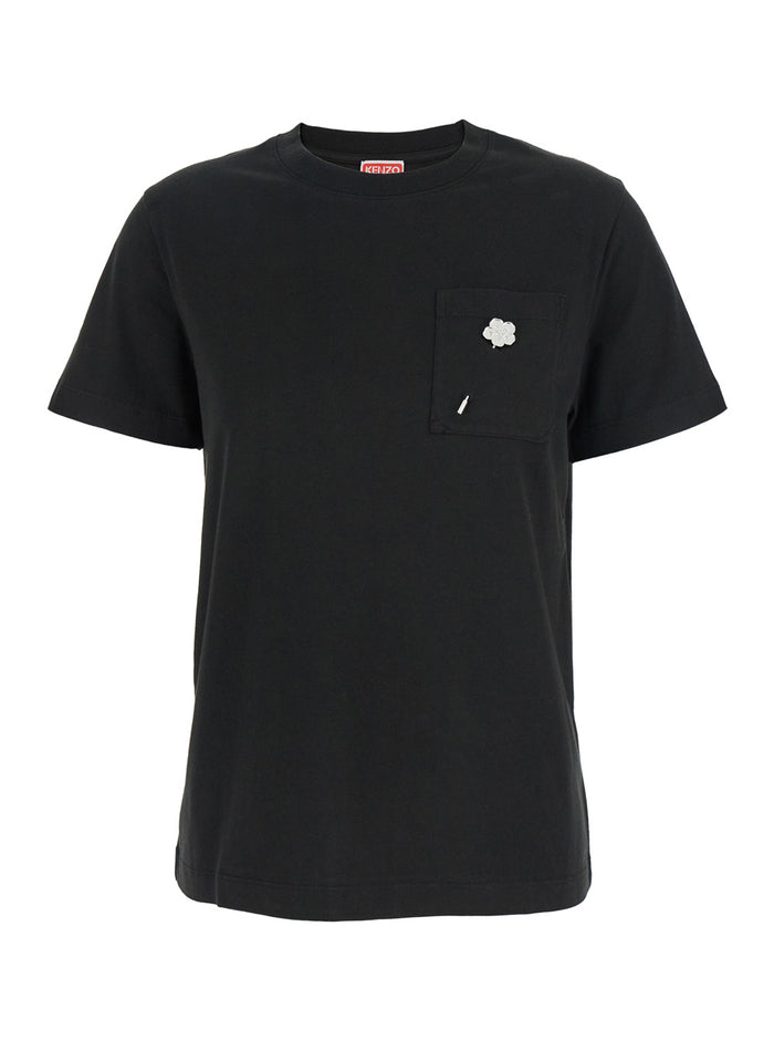 Boke Flower 2,0 Black Crewneck T-Shirt With Logo Patch On The Front And Lettering Rear Cotton Woman Tshirts Polo Shirts