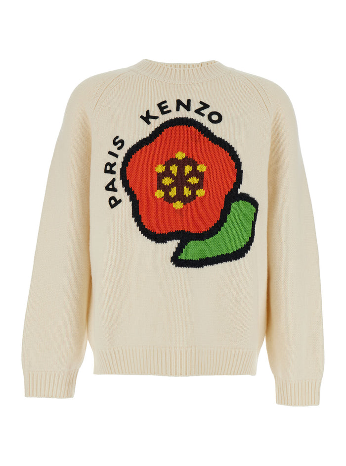 Pop White Crewneck Sweater With Maxi Logo On The Front Wool And Cotton Blend Man Nylon Jersey