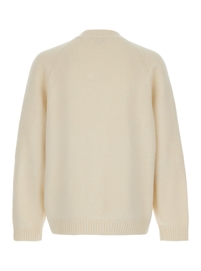 Pop White Crewneck Sweater With Maxi Logo On The Front Wool And Cotton Blend Man Nylon Jersey
