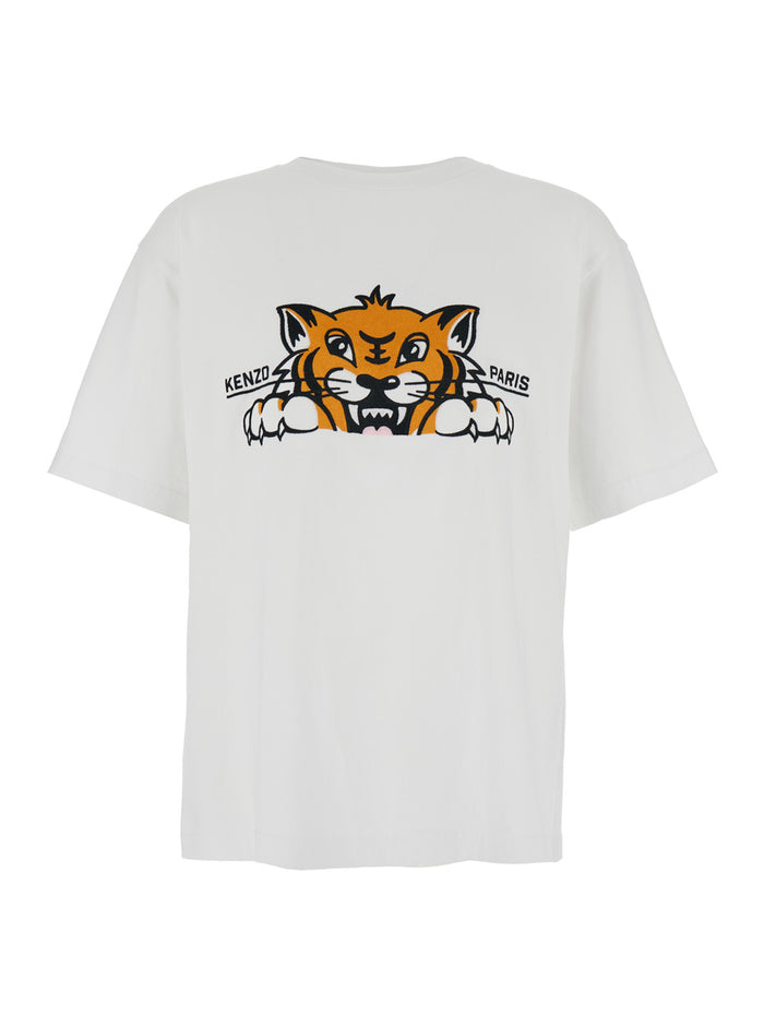 Gots Happy Tiger White Crewneck T-Shirt With Maxi Logo Embroidery On The Front And Lettering Rear Cotton Man Tshirts Polo Shirts