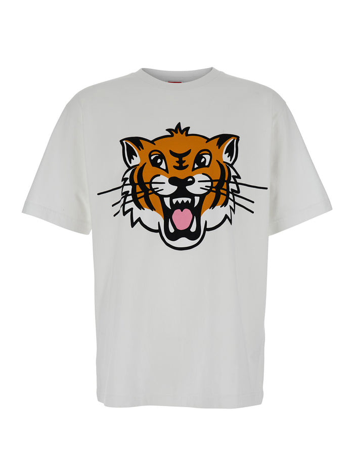 White T-Shirt With Happy Tiger Print On The Front Cotton Man Tshirts And Polo Shirts