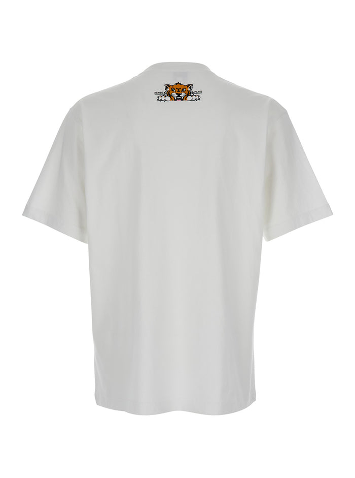White T-Shirt With Happy Tiger Print On The Front Cotton Man Tshirts And Polo Shirts