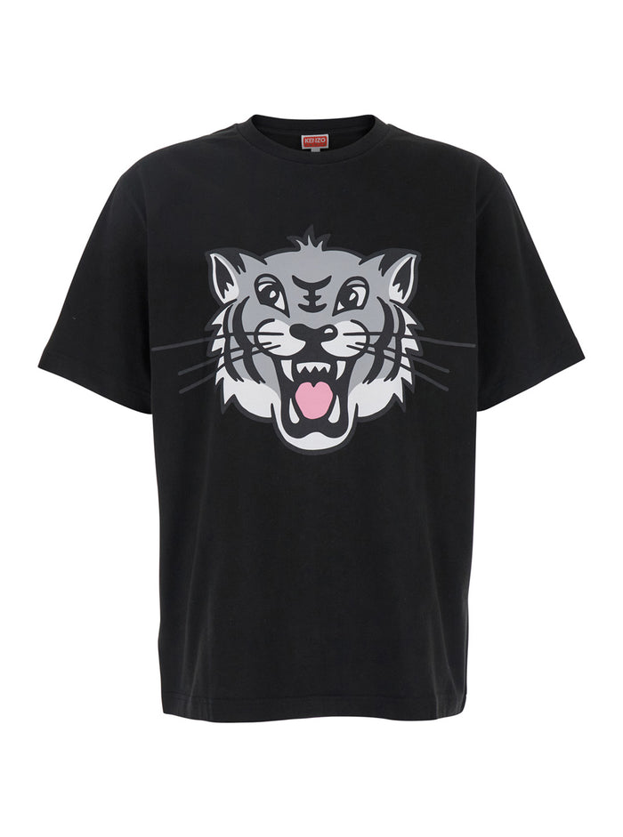 Black T-Shirt With Happy Tiger Print On The Front Cotton Man Tshirts And Polo Shirts