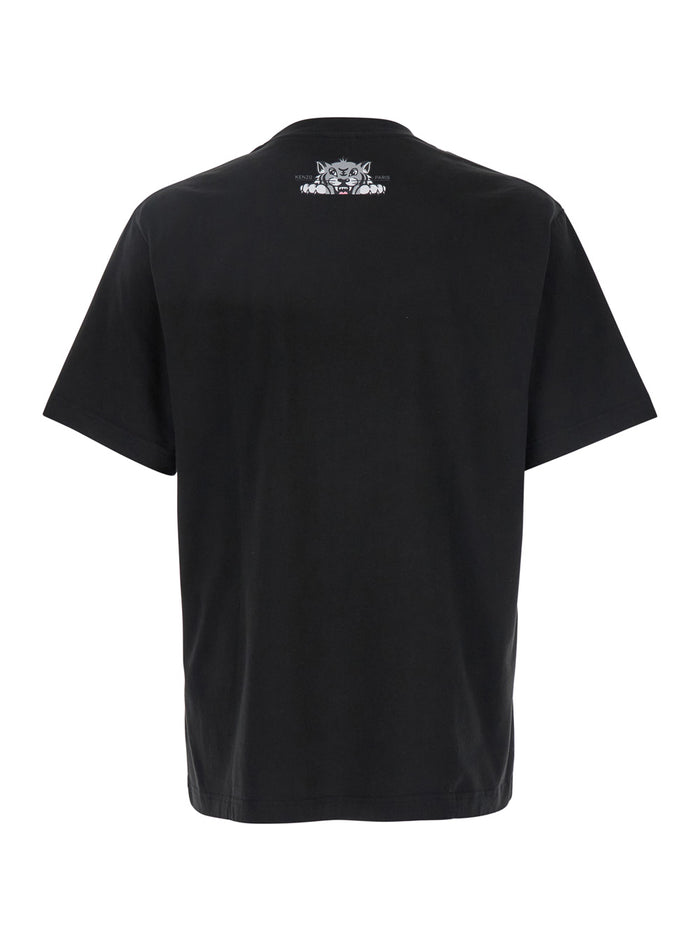 Black T-Shirt With Happy Tiger Print On The Front Cotton Man Tshirts And Polo Shirts