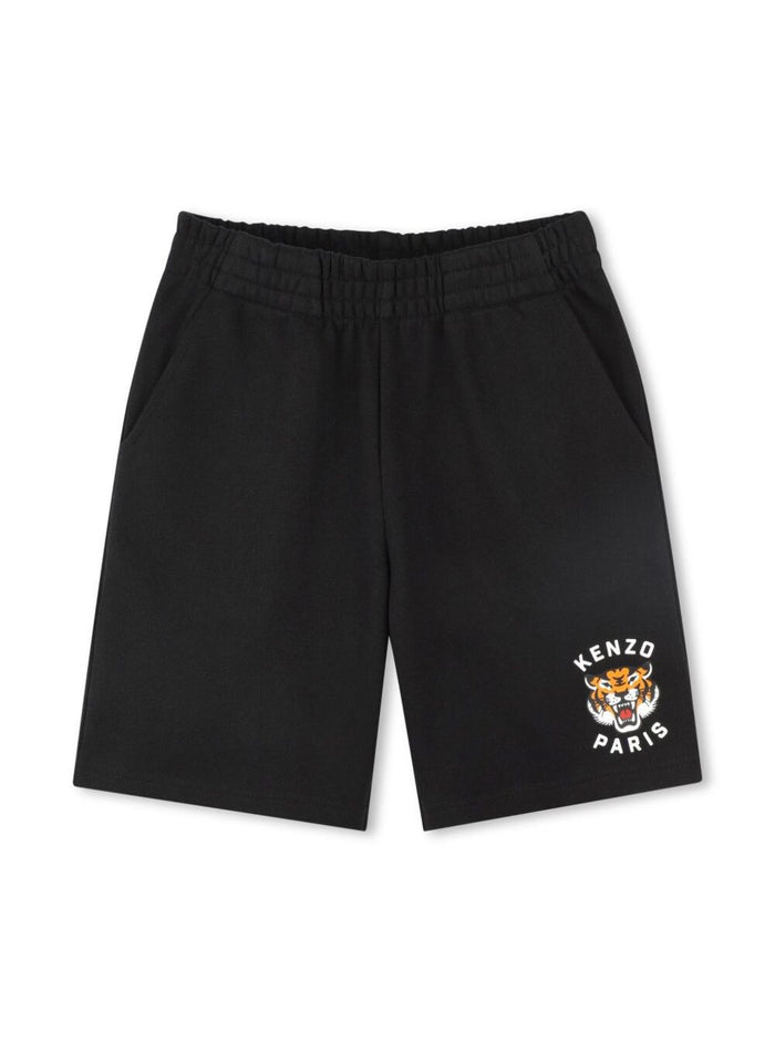 Blue Bermuda Pants With Elastic Waist And Logo Print On The Front Cotton Boy Blu Shorts