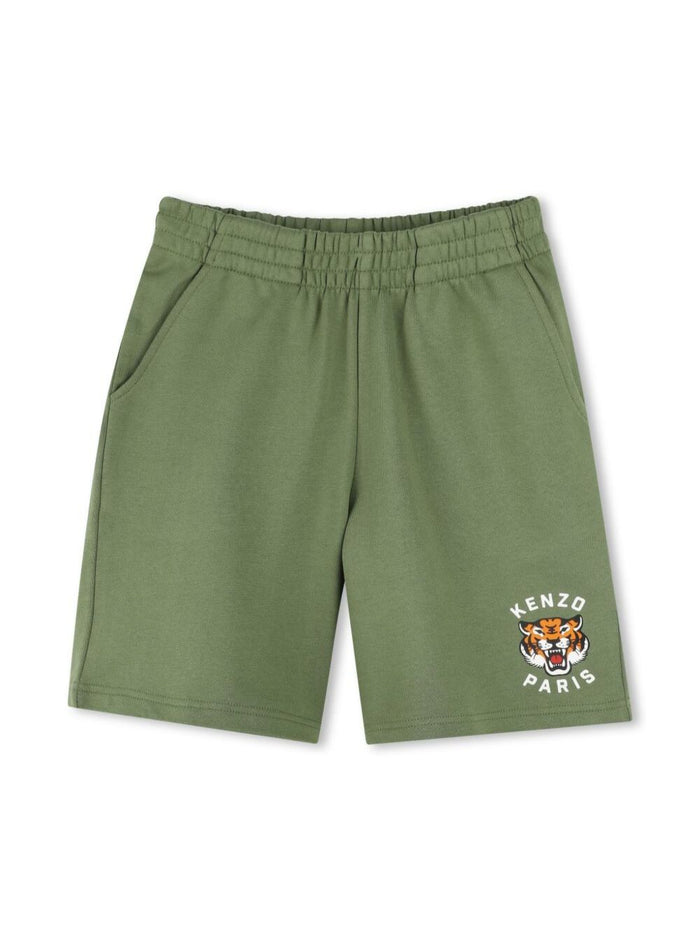 Green Bermuda Pants With Elastic Waist And Logo Print On The Front Cotton Boy Shorts