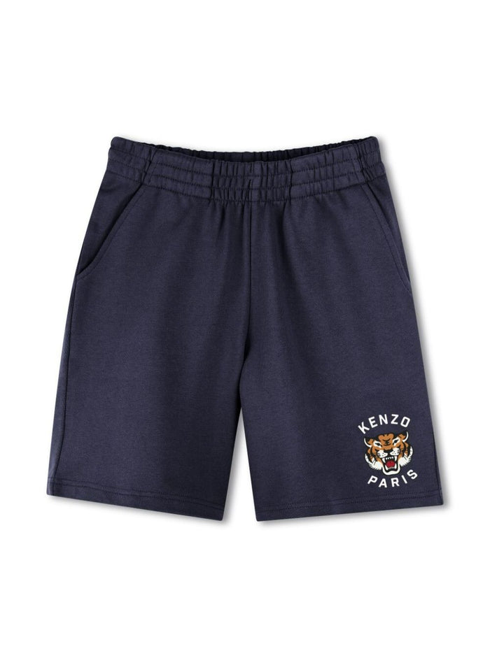 Blue Bermuda Pants With Elastic Waist And Logo Print On The Front Cotton Boy Blu Shorts