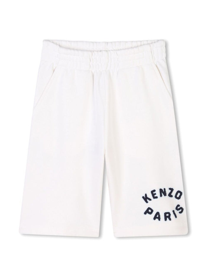 White Bermuda Pants With Elastic Waist And Front Logo Lettering Print Cotton Boy Shorts