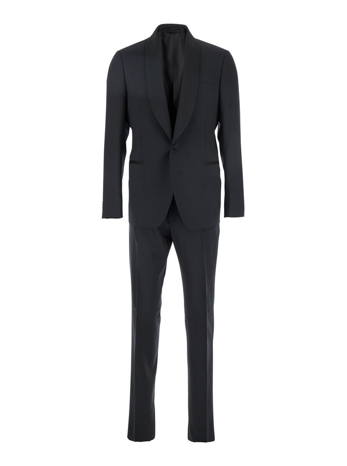 Black Single Breasted Suit With Front Lapels Wool Man Elastane Suits