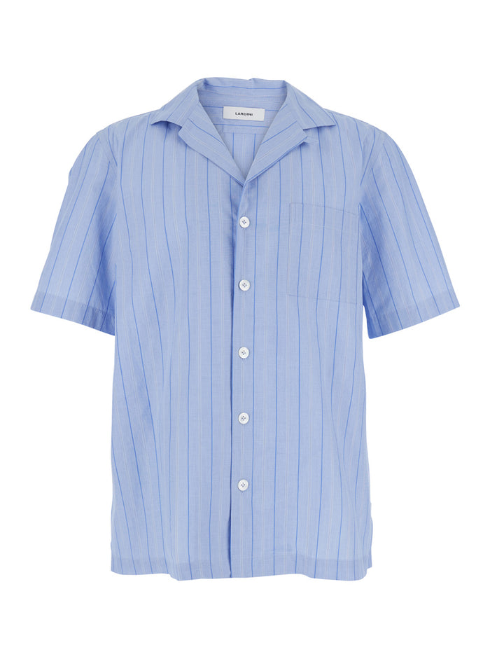 Blue Shirt with All-Over Striped Motif and Cuban Collar in Cotton Man Light Blouses