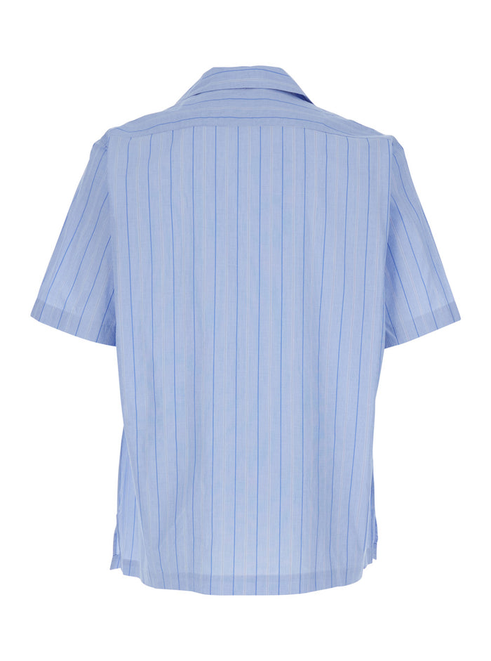 Blue Shirt with All-Over Striped Motif and Cuban Collar in Cotton Man Light Blouses